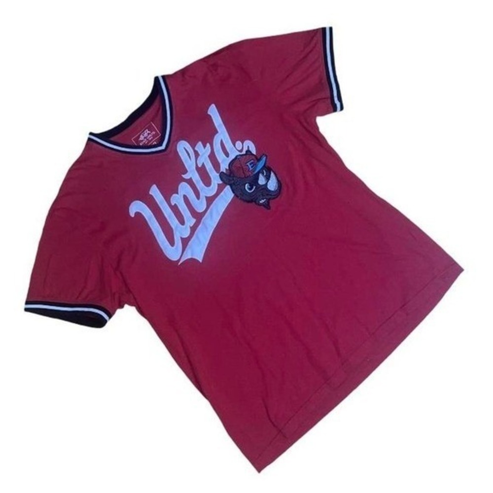 Y2K Ecko Unltd Mens Red Graphic T-Shirt XXL Rhino Mascot 93 Jersey Style V-Neck